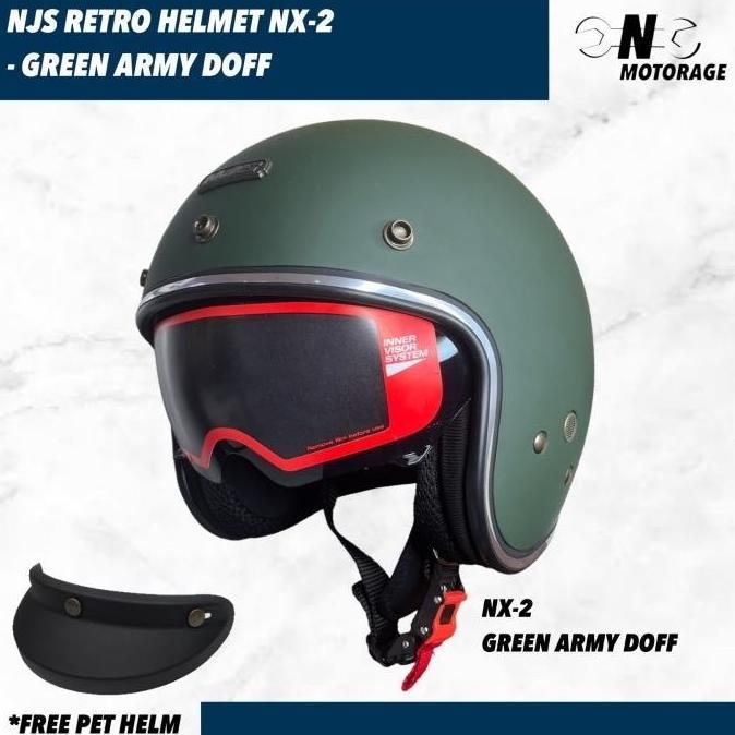 Termurah Helm Motor Njs Nx-2 Half Face Retro Green Army Doff / Hijau Army Doff