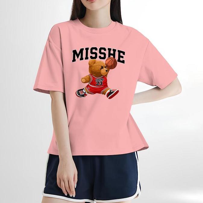 MISSHE Tshirt Motif Champ Bear Basket Kaos Katun Combed Kasual Wanita Korean Style Atasan Remaja Cew