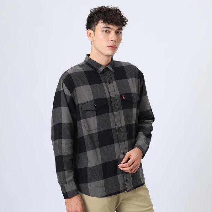 Bw_hanapi - EDWIN JEANS - BASTIEN BLACK GREY Kemeja Flanel Lengan Panjang Pria Casual Motif Kancing 