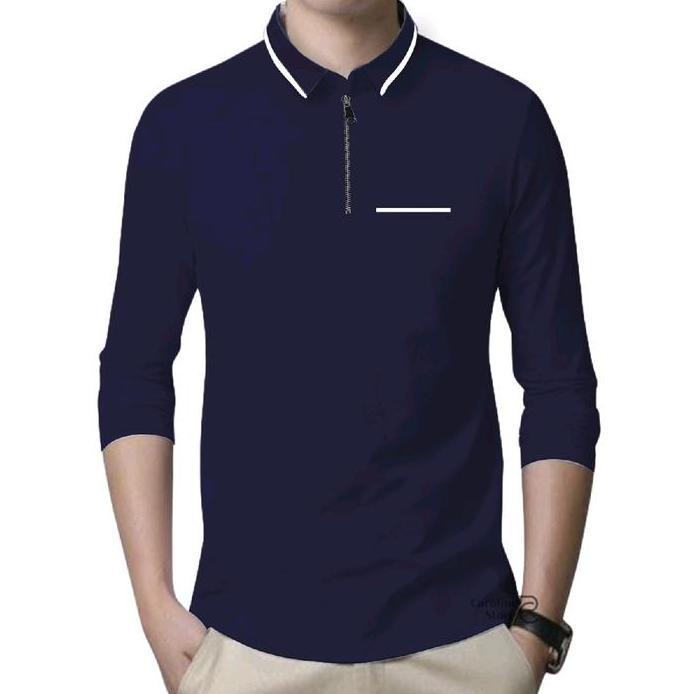 Kaos Polo Pria Saku Lengan Panjang Zipper Katun Combed 24s - Kaos Kerah Daun Zipper Pria Tangan Panj