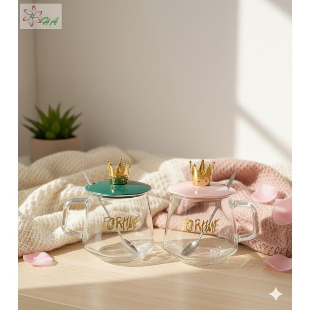 Ha1565 Gelas Kaca Mahkota Couple | Mug Kaca Dengan Tutup Mahkota + Sendok | Mug Pegangan | Cangkir S