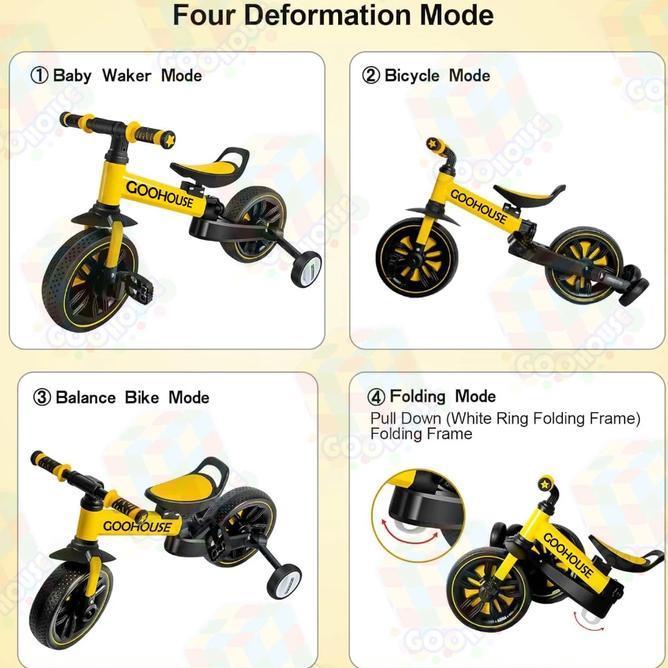 Goohouse 4In1 Sepeda Anak Roda 3 Keseimbangan Bayi Lipat Push Bike Blance Bike Tinggi Dapat Disesuai