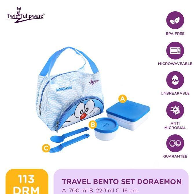 Kotak Makan Twin Tulipware Travel Bento Set Doraemon