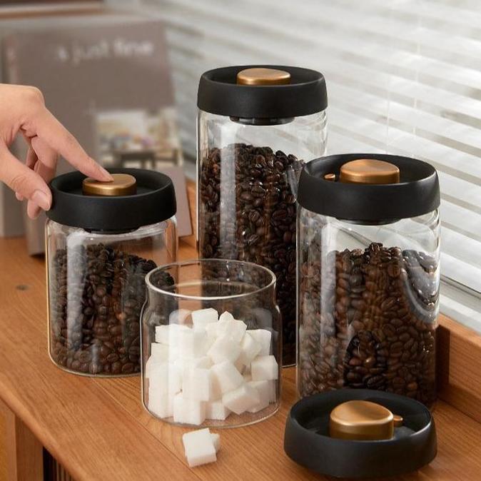 Toples Kopi Vakum Kaca [500ml/900ml/1200ml/1800ml] - Penyimpanan Kedap Udara, Desain Elegan (Hitam G