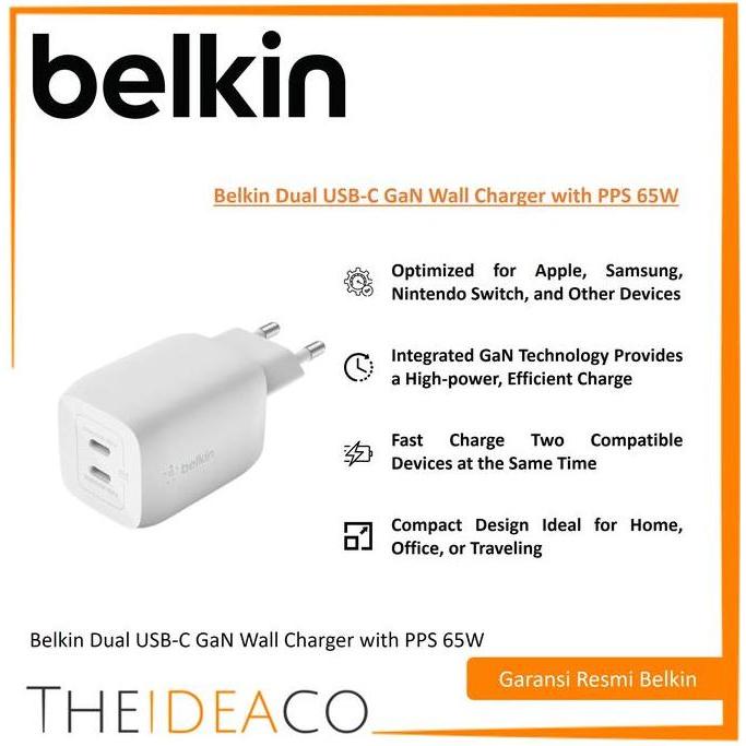 Belkin Dual USB-C GaN Wall Charger with PPS 65W (WCH013krWH)