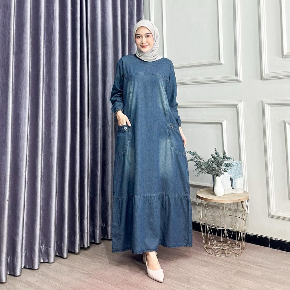 NEW PROMO Gamis Susun Jeans Wanita Non Busui Rempel Bawah