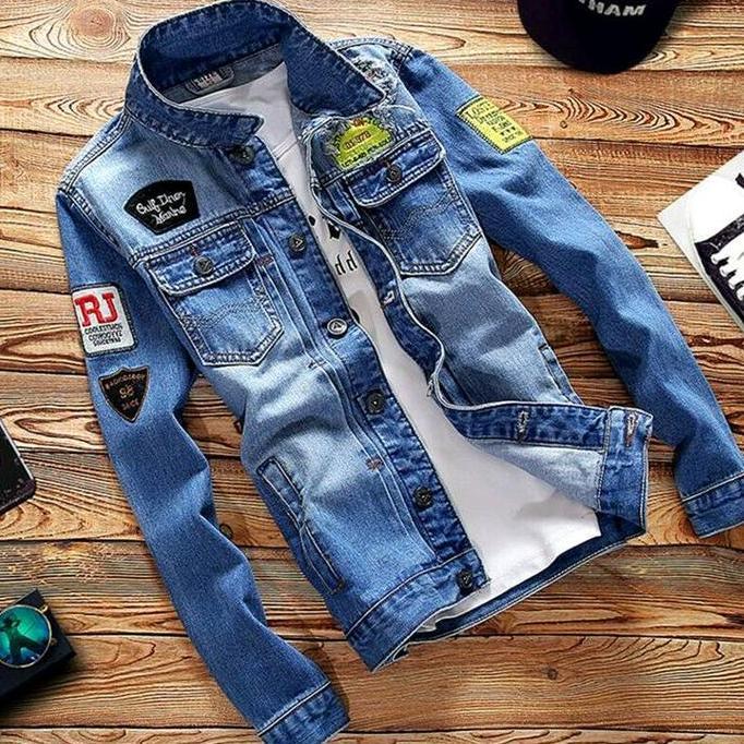 STYLE FASHION Jaket Jeans Pria Model Tempel Full Bordiran Bahan Denim Leher Kerah Tinggi STYLE FASHI