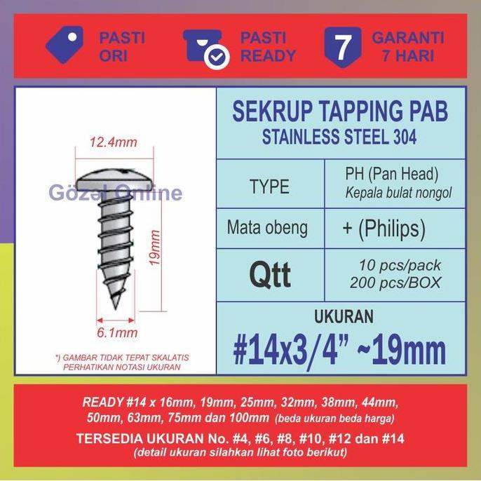 SEKRUP STAINLESS PAB NO. 14 X19MM - ST 6.2 X 3/4" - TAPPING - 10PCS BMP27