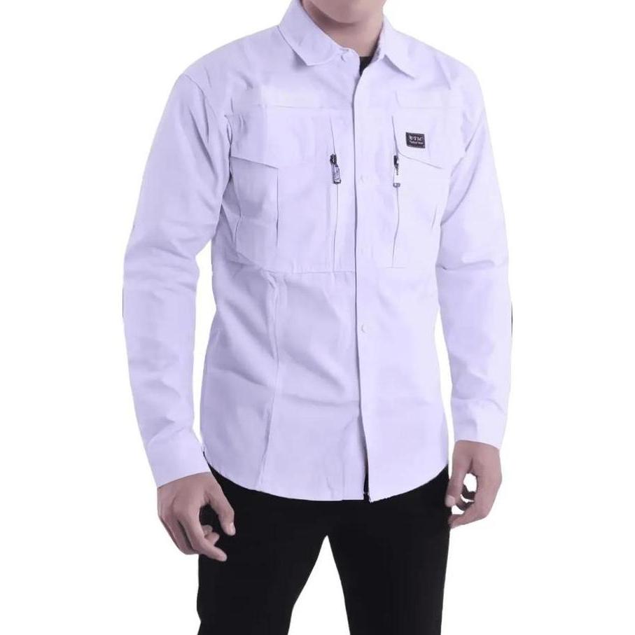 Riore- Kemeja Tactical Multi-Pocket Lengan Panjang Pria - Putih - Baju Kemeja Taktikal Outdoor Casua