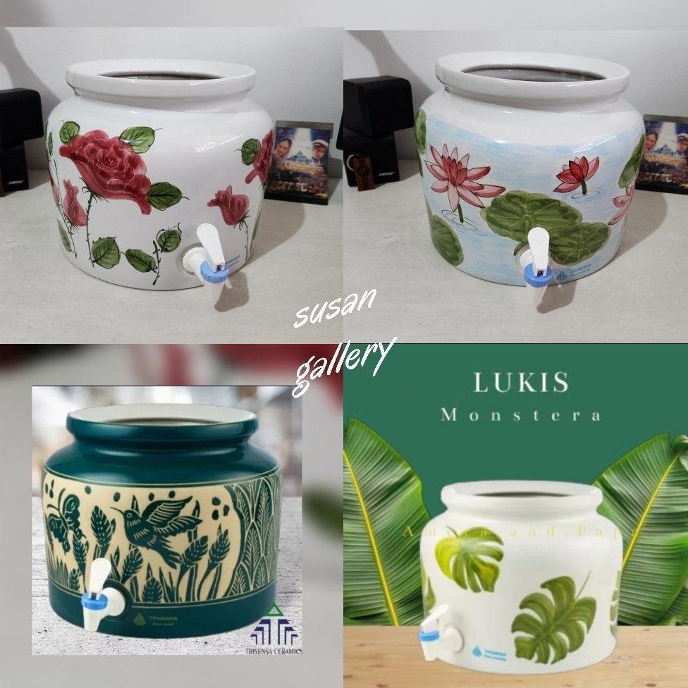Guci Keramik Galon Air Trisensa Motif Lukis Ukir  / Guci Galon Air