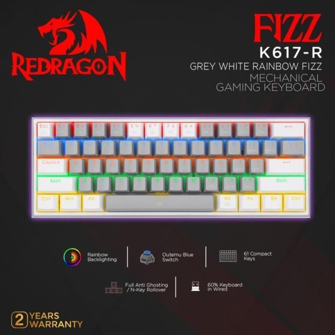 Redragon Mechanical Gaming Keyboard 60% GREY WHITE RAINBOW FIZZ-K617-R
