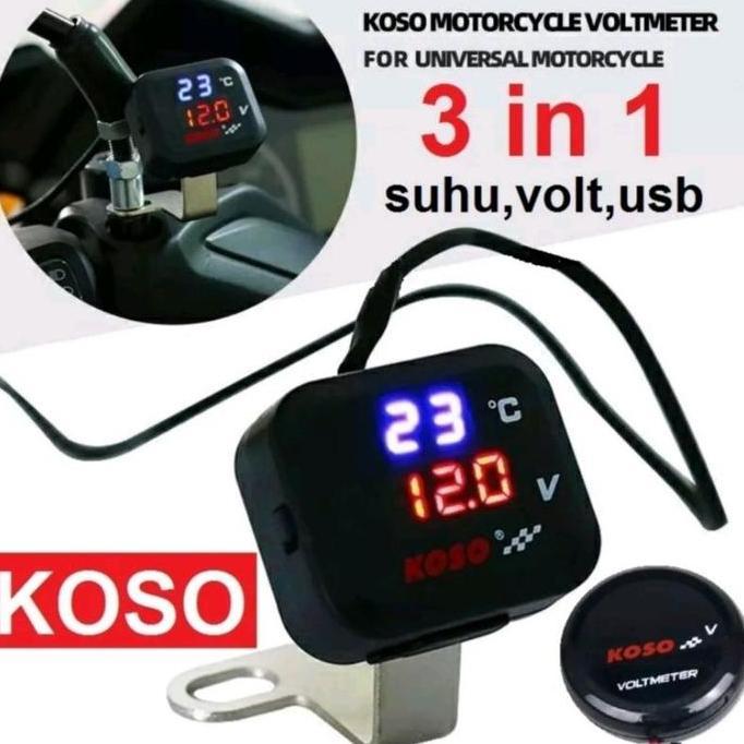 VOLTMETER VOLT METER KOSO 3 IN 1 USB CHARGER TERMOMETER DIGITAL SUHU TEGANGAN AKI UNIVERSAL SEMUA MO