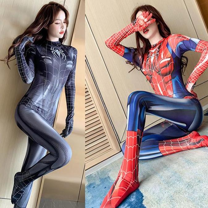 Halloween Dewasa Wanita Superhero Spiderman Kostum Set Jumpsuit Lingerie Cosplay