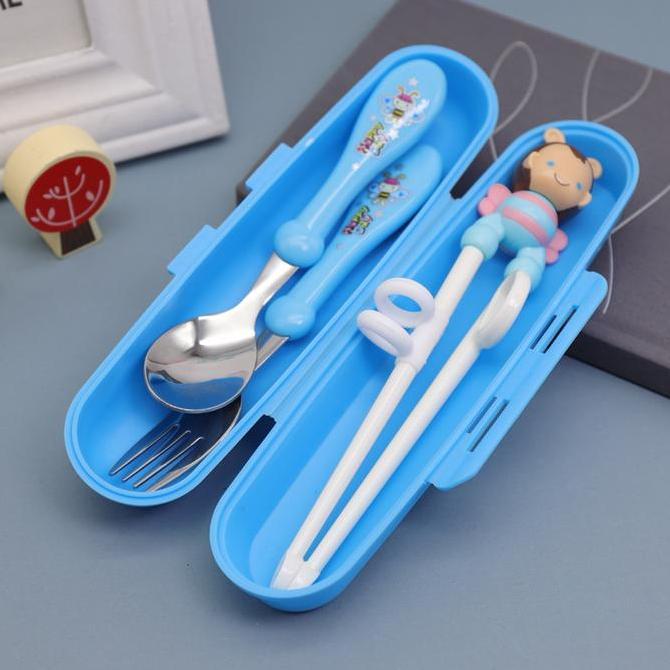 Bora- Set Alat Makan Stainless 4 In 1/ Set Sendok Garpu Sumpit Anak Free Tempat /Sendok Sumpit Latih
