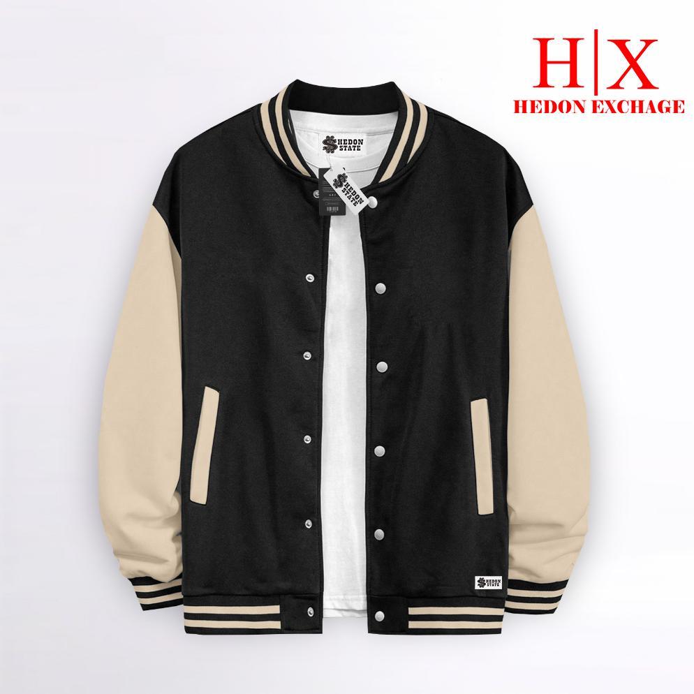 terbaru hedon state jacket varsity baseball kancing polos hitam putih pria wanita unisex kekinian