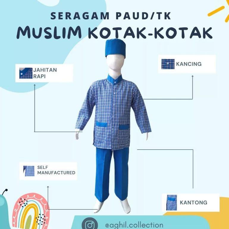 NEW PRODUCT SERAGAM TK/PAUD MUSLIM KOTAK-KOTAK BAJU TK/PAUD MUSLIM KOTAK-KOTAK BIRU