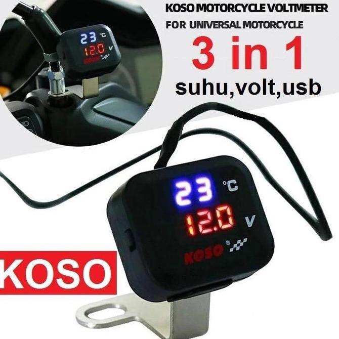 SHWARASA Koso Voltmeter  Pengukur Alat Ukur Tegangan Aki Suhu Digital Jam dengan USB Charger 12V 24V