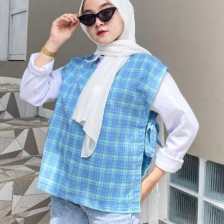 Vest Outer Tartan Kotak Kotak | Yura Top Tali Samping | Rompi Pita Atasan Wanita
