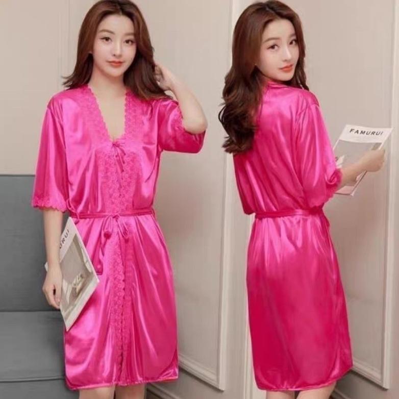 NEW DEALS Kimono Tidur Wanita Panjang Lingeri Korean 2in1 Lengkap luar dalam pakaian Tidur Wanita Se