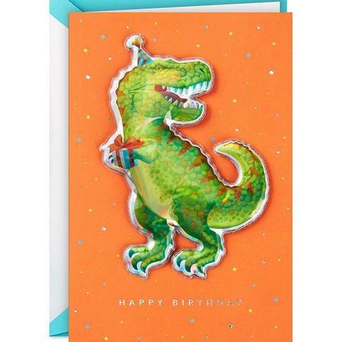 (Good) GREETING CARD- SIGNATURE- HALLMARK- BIRTHDAY- KIDS- DINOSAURS- T-REX
