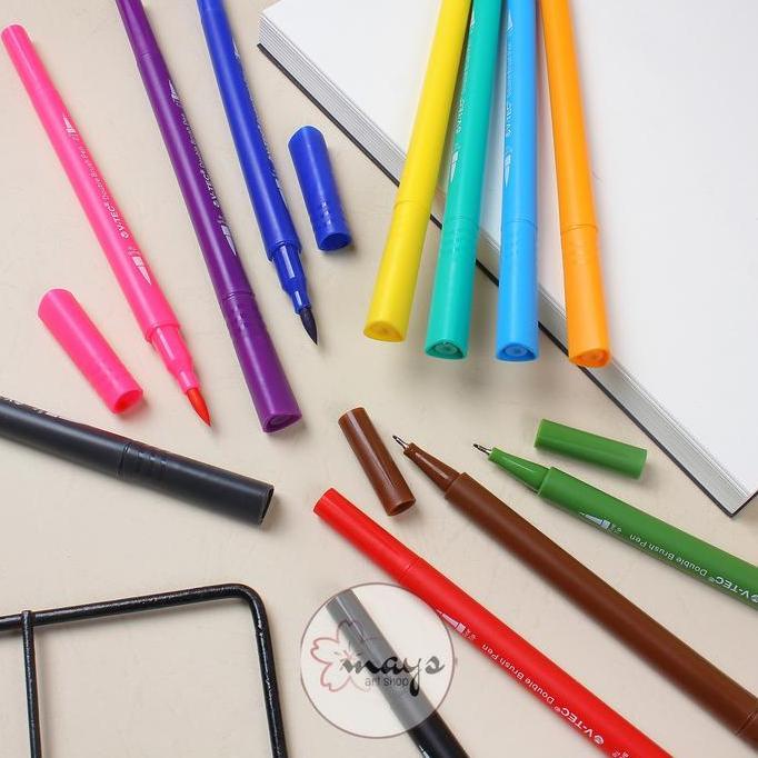 Artyou- New- 12 Pcs Colors Double Tip Brush Pen Set Isi 12 Rna V-Tec / Spidol Rna Rni Dua Sisi Mata 