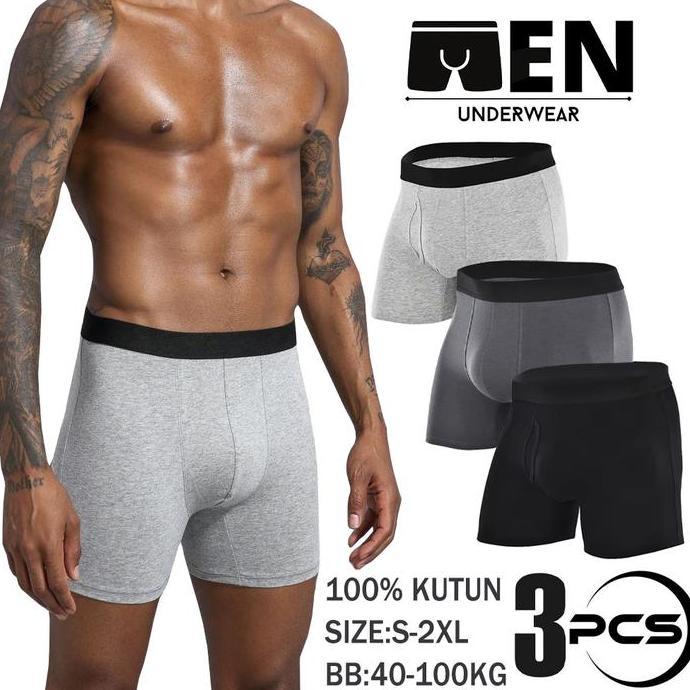 3PCS Celana dalam Pria Boxer Panjang /Celana Boxer Pria Katun Sport /Long Boxer Underwear
