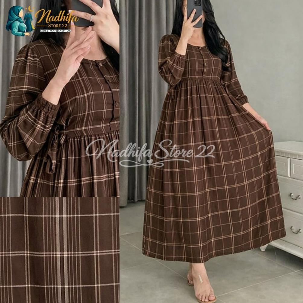 MURAH TERLARIS MIDI DRESS Motif Kotak Aluna Gamis Katun Jumbo Kekinian Lembut Halus dan Nyaman dipak