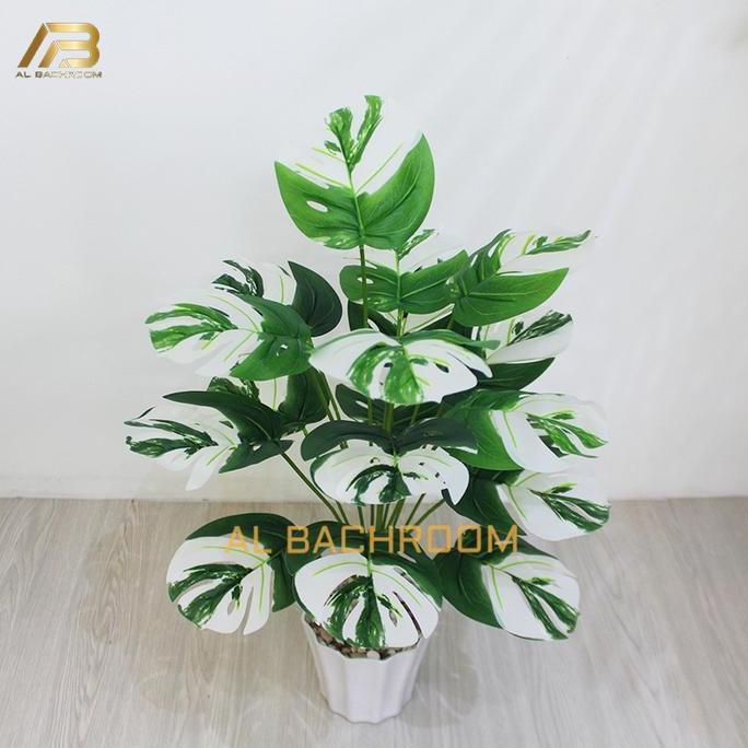 Reda- B8156 Bunga Plastik Monstera Variegata Kecil D18T48 Tanaman Artificial Dekorasi Rumah Daun Mon