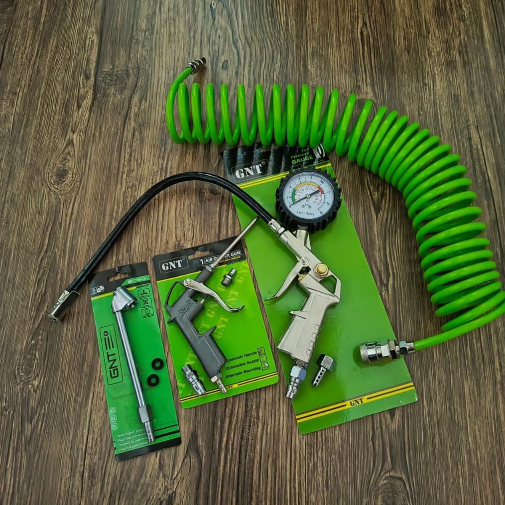 Paket Peralatan Kompresor Selang Spiral 6 Meter + Air Chuck Gun - Semprotan Agin + Inflator Gun 3 In