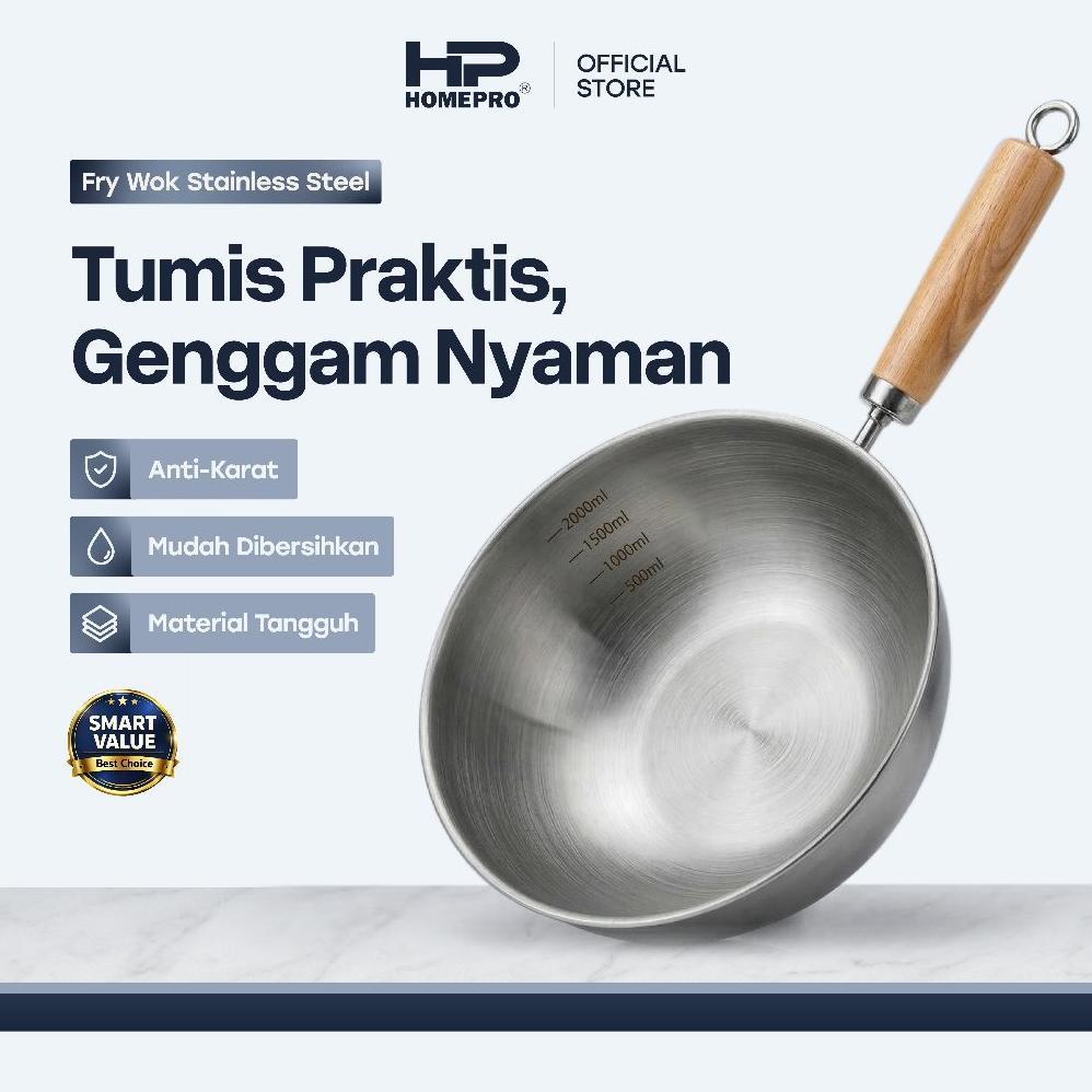 HomePro - Fry Wok Stainless Steel - Wajan Gagang Kayu Tebal Anti Karat