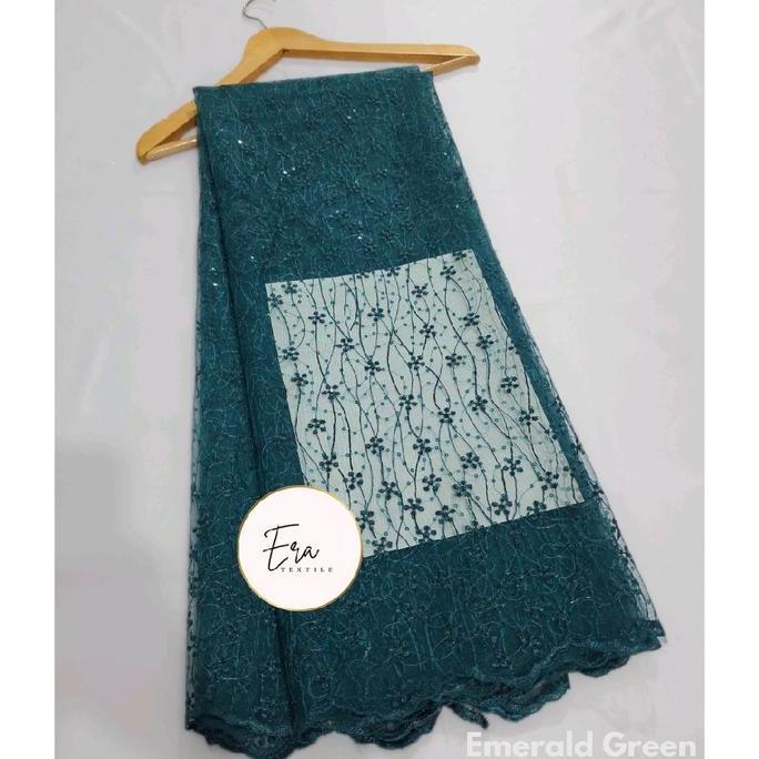DR335 - Kain Brokat Tile Spangle Premium Elegant warna Emerald Blue - Kain Brokat Brukat Meteran Mew