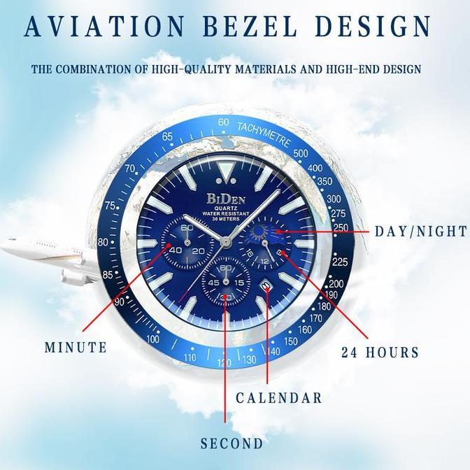 Clock- Biden Jam Tangan Pria Anti Air Kulit Olahraga Santai Kuarsa Kronograf Kalender Jam Tangan Cow