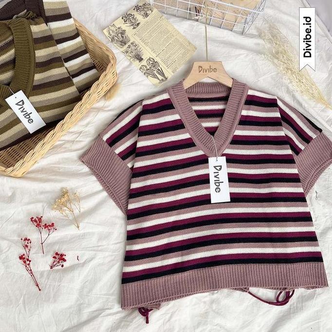 DS245 - Aven Vest Knit - Rajut Atasan Wanita - Motif Batwing Garis