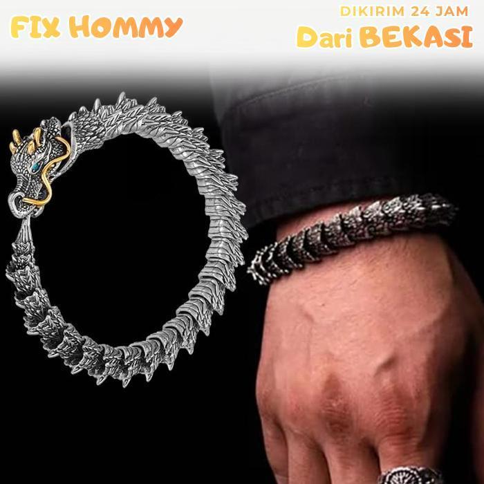 FXMY 20cm Gelang pria naga Gaya Vintage Gelang Rantai Kepala Naga Gelang Rantai Naga