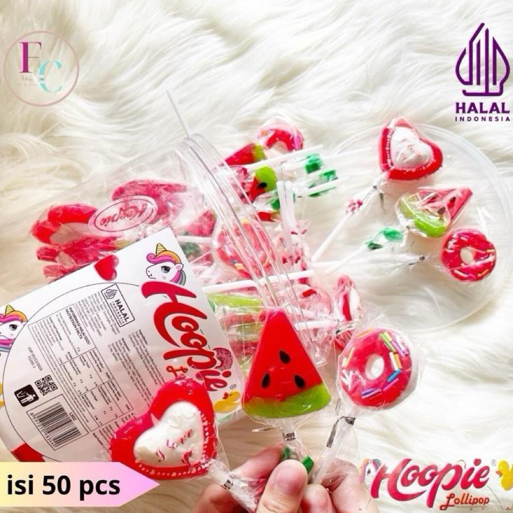 Permen Lolipop Hoopie Rasa Buah Mix Bentuk Love Semangka Donat isi 50 pcs Toples 750g