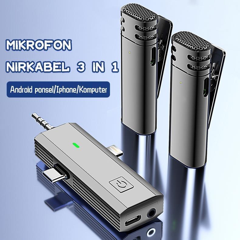 3 IN 1 Mic Wireless Clip On Microphone Wireless Clip On Noise Reduction Mikrofon Konten Kreator 3.5M