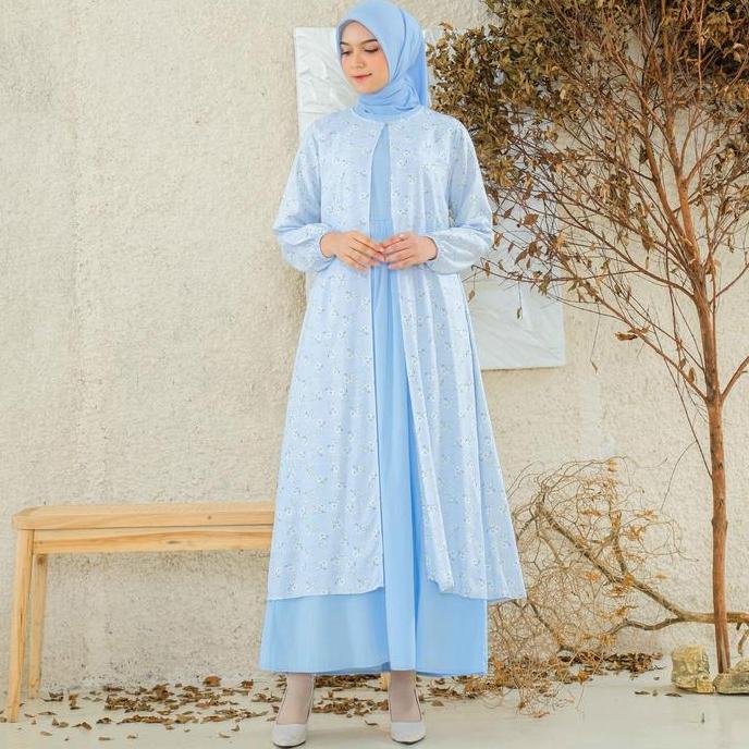 Rilley - Gamis Desinta | Gamis Warna Biru Bahan Adem | Kombinasi Bahan Katun & Poplin & Rayon Slup