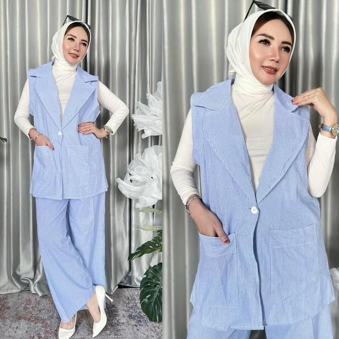Set Vest Rompi Kulot Stripe Blue Yuka Nyaman
