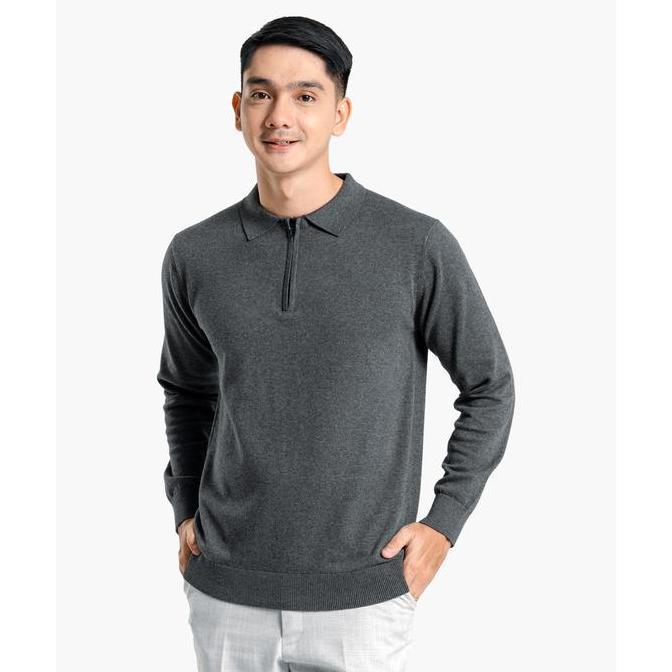 Gomuda Sweater Rajut Pria Polo Zip Neck Long Sleeve Knitwear Grey