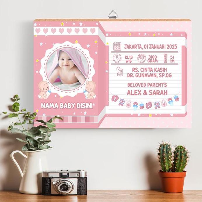 Hiasan dinding kayu -  biodata bayi cowo - biodata bayi cewe - tema biru - tema pink - unik - kayu m
