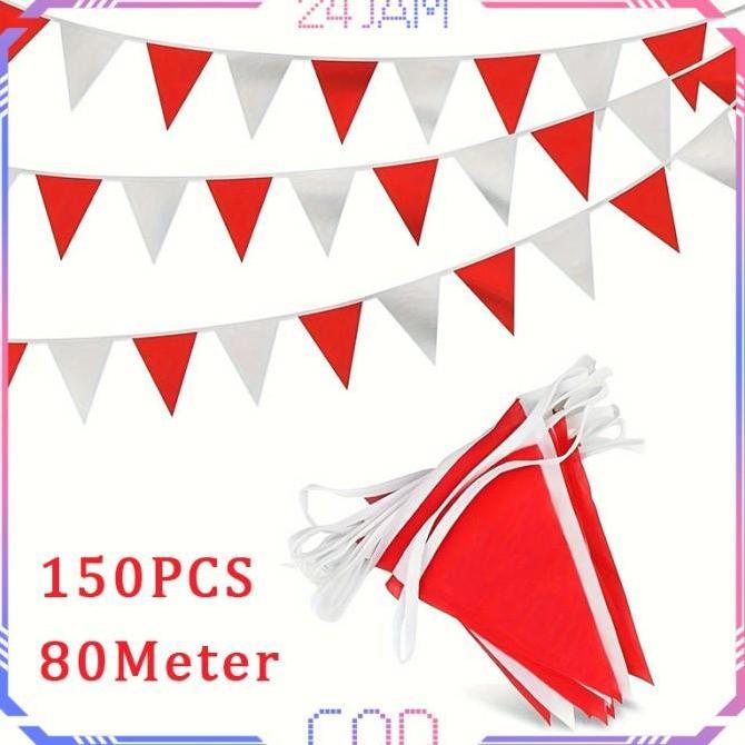 150pcs Bendera Merah Putih Segitiga Kain 80 Meter Bendera Segitiga Merah Putih Bendera Warna Warni