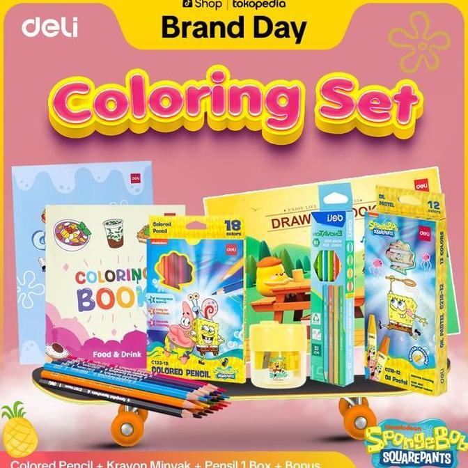 [DELI X SPONGEBOB] SPECIAL MAKSAN - SET COLORING SPONGEBOB PAKET MEWARNAI, PENSIL WARNA SPONGEBOB + 