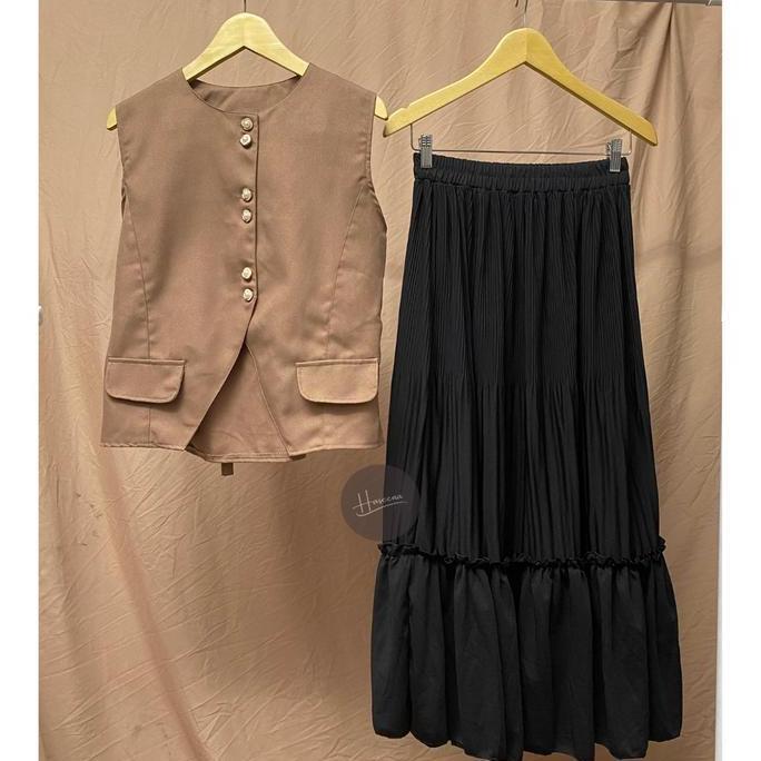Haseena One Set Wanita Asheeqa Setelan Outer Vest Sleeveless Basic Rok Plisket Susun  Skirt Ruffle C