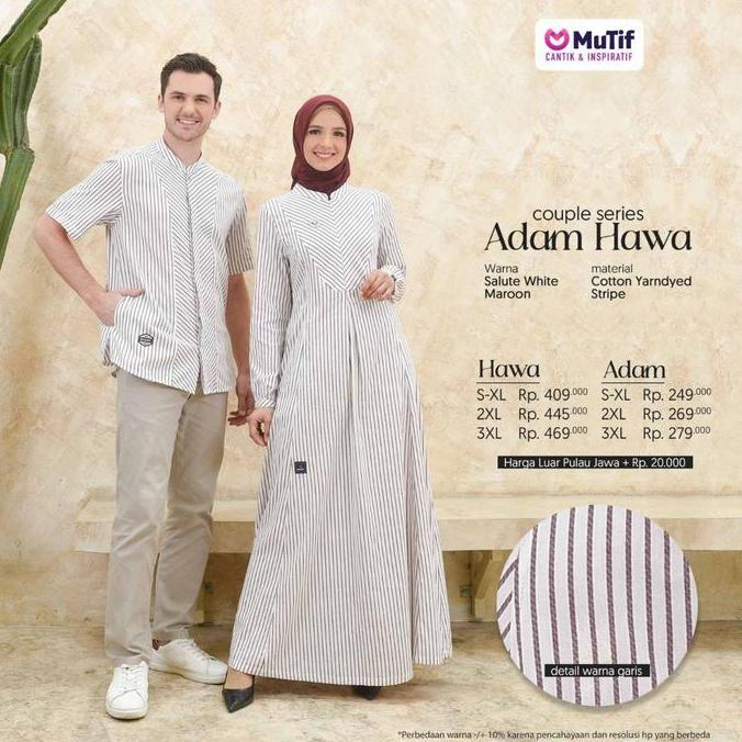 MUTIF Pasangan Couple Dewasa Adam Hawa Maroon Koko Tangan Pendek Gamis Stripe Garis Merah Putih