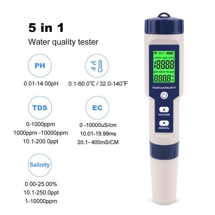 Alat Ukur Ph Meter Tds Ec Temperatur Salinitas Air Digital 5 In 1 Dengan Baterai & Kalibrasi  Untuk 