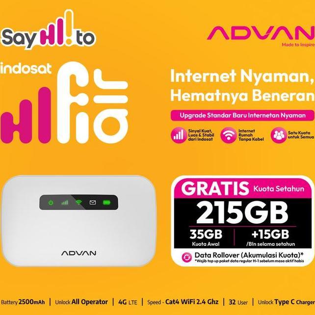 Ipoet Mifi Indosat Hifi Air 215Gb Em 4G Lte 2 Mah Garansi 1 Tahun Speed Cat4 Wifi 2.4 Ghz 32 User