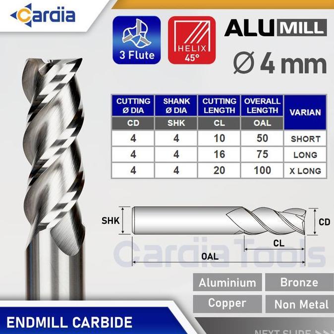 Endmill 4 mm Long 50 | 75 | 100 3 Flute Aluminium End Mill Carbide