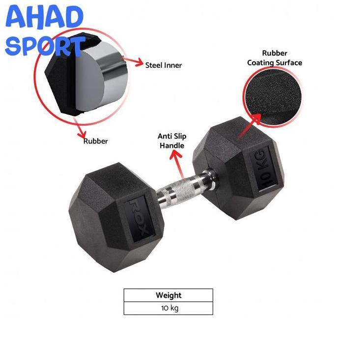 BARBEL HEXAGONAL RUBBER 10 KG ROX DUMBBELL BARBELL 10KG