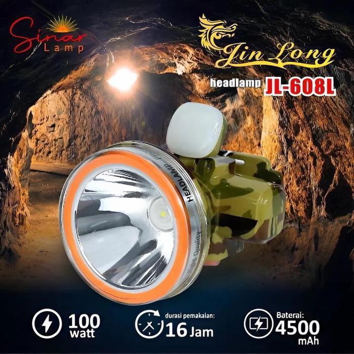 Jinlong Senter Kepala Cahaya Super Terang Jl-608L 100W Cahaya Putih Baterai 4500Mah Tahan Lama 16 Ja