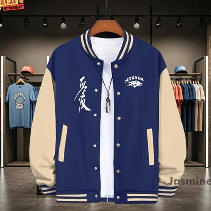 PREMIUM / BISA COD Jaket Bomber Varsity Baseball Kancing Katakata Jepang | nevada Kirka Text Putih O